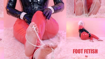 Beautiful Mistress in shiny fetish PVC tease you topless by natural boobs and with tasty oily feet