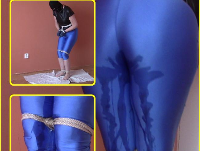 Desperation in blue spandex leggings