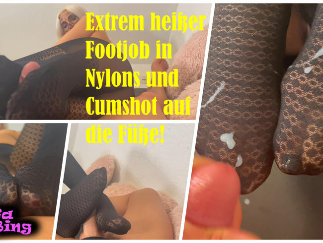 Extrem heißer Footjob in Nylons und Cumshot auf die Füße