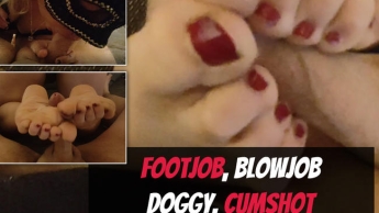 Footjob, Blowjob, Doggy, Cumshot