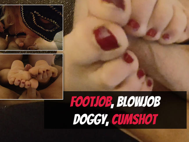 Footjob, Blowjob, Doggy, Cumshot