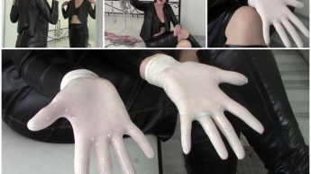 Frau in Leder und weißen Latexhandschuhen