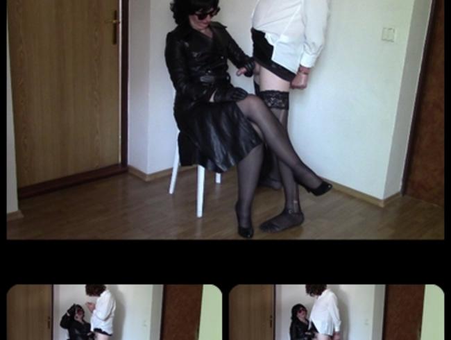 Hand job in leather coat