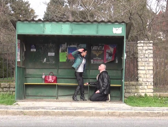 IN FEMDOM EHE-ÖFFENTLICHES GESICHT, DAS AN EINER BUS-STOPP-HUMILIATION SCHLAGT