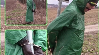 In the raincoat and wellies handcuffed to iron bar