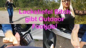 Lackstiefel Bitch gibt Outdoor Footjob!