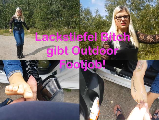 Lackstiefel Bitch gibt Outdoor Footjob!