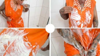 Shower in Clothes Kittel – Geile Dusche im cremigen orangen Nylonkittel