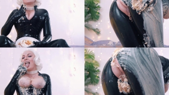 Slowly smearing the cake on the breasts and butt, all over the body, dressed in latex catsuit.