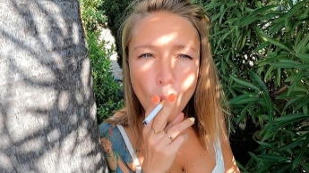 Smoking fetish blowjob from sexy blond tattooed girl