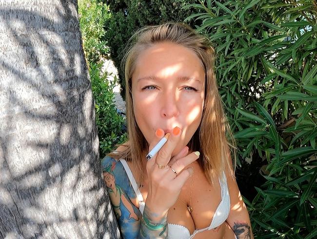 Smoking fetish blowjob from sexy blond tattooed girl