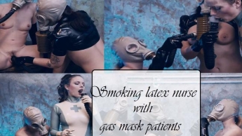 Smoking latex nurse with gas mask patients