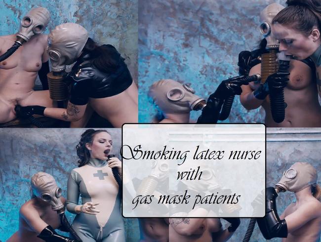 Smoking latex nurse with gas mask patients