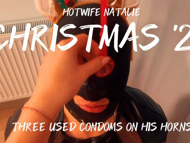 CHRISTMAS ’23: THREE USED CONDOMS ON HIS HORNS