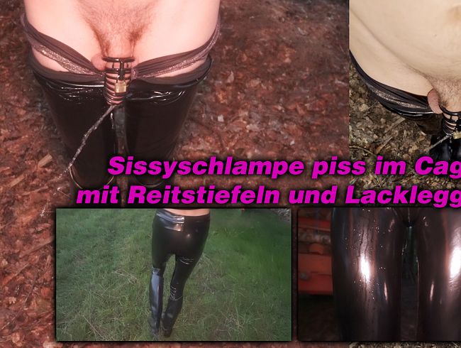 Sissyschlampe pisst im Peniskäfig mit Lackleggings und Reitstiefeln mit walk