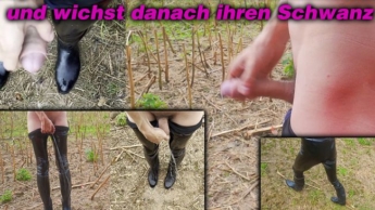 Sissyschlampe in glanz Leggings pisst auf ihre Reitstiefel und wichst danach ihren Schwanz