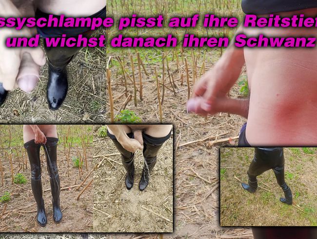 Sissyschlampe in glanz Leggings pisst auf ihre Reitstiefel und wichst danach ihren Schwanz