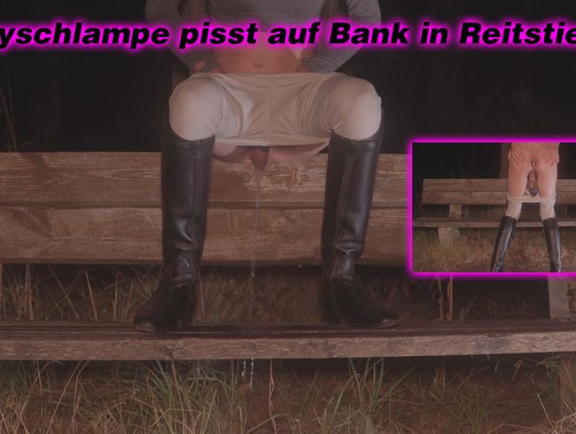 Sissyschlampe pisst auf Bank in Reitstiefeln und Leggings