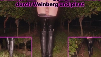 Sissyschlampe läuft in Leggings und Reitstiefeln durch Weinberg und pisst