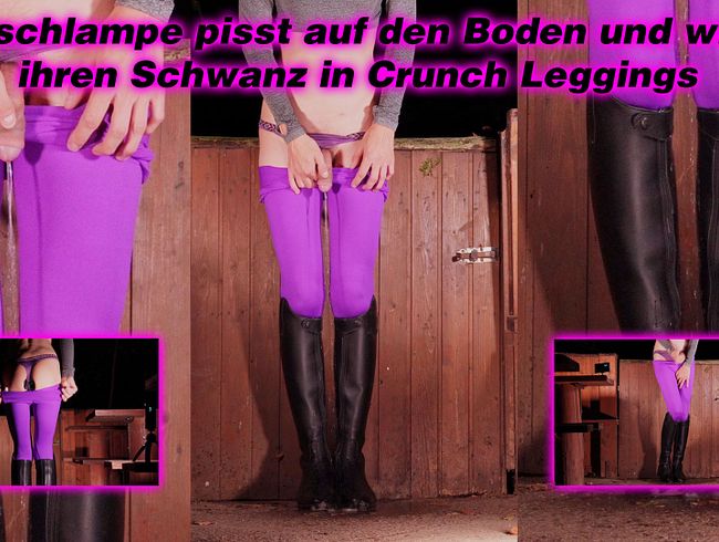 Sissyschlampe pisst auf den Boden und wichst ihren Schwanz in Crunch Leggings & Reitstiefel