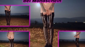 Sissyschlampe pisst in glanz Leggings und Reitstiefeln & wichst danach ihren Schwanz bei Mondschein