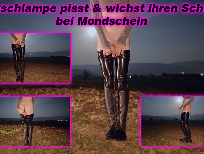 Sissyschlampe pisst in glanz Leggings und Reitstiefeln & wichst danach ihren Schwanz bei Mondschein