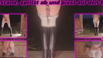 Sissyschlampe wichst ihren Schwanz im Unterstand spritzt ab und pisst auf den Boden