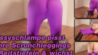 Sissyschlampe pisst in ihre Scrunch Leggings in Reitstiefeln & wichst ihren Schwanz