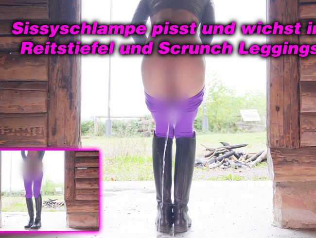 Sissyschlampe pisst und wichst in Reitstiefel und Scrunch Leggings