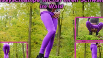 Sissyschlampe wichst ihren Schwanz im Wald in Scrunchleggings